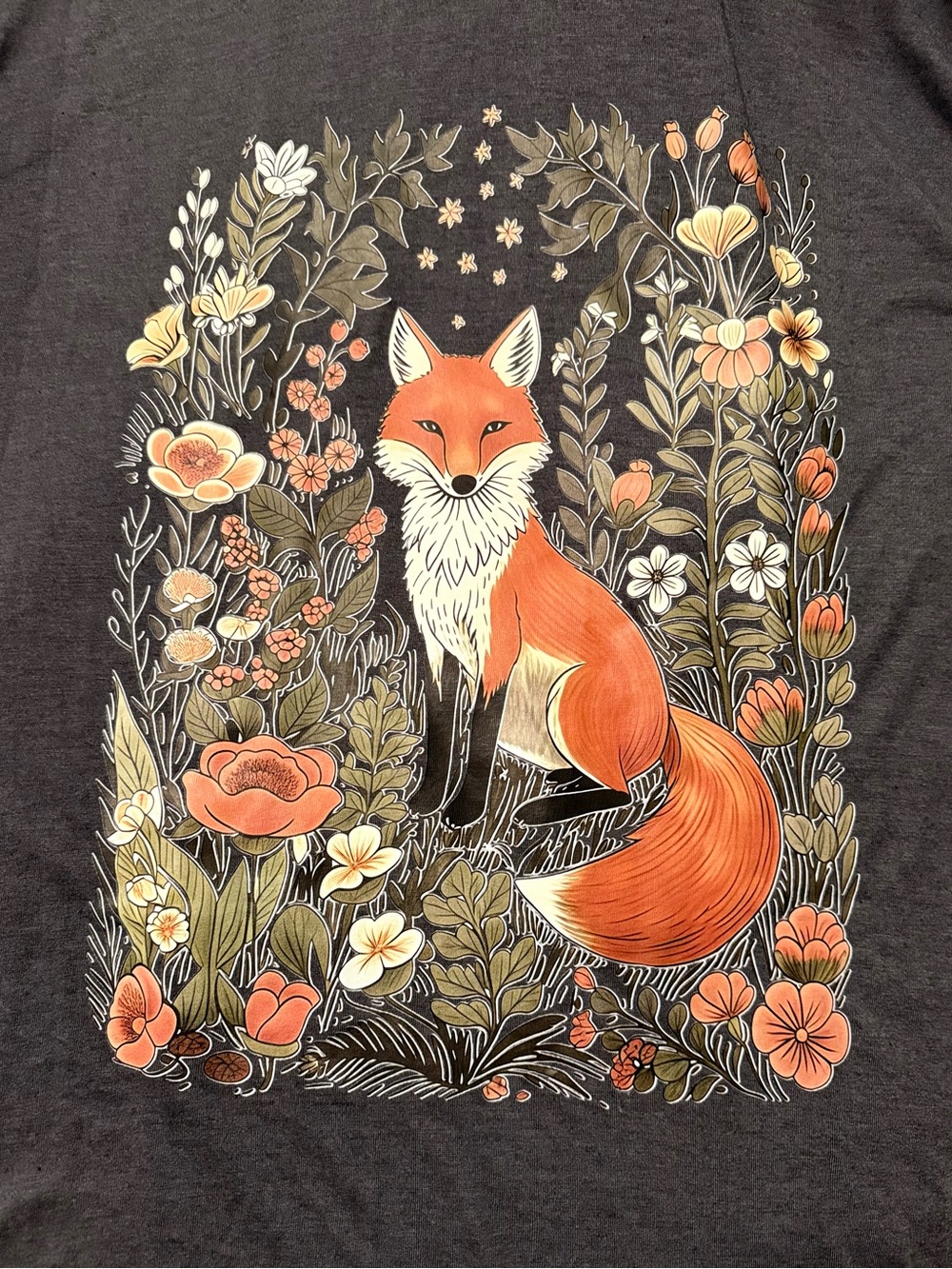PRICE IS FIRM - Floral Forest Fox 100% Cotton Dark Gray Short Sleeve Tee - Picture 4 of 4